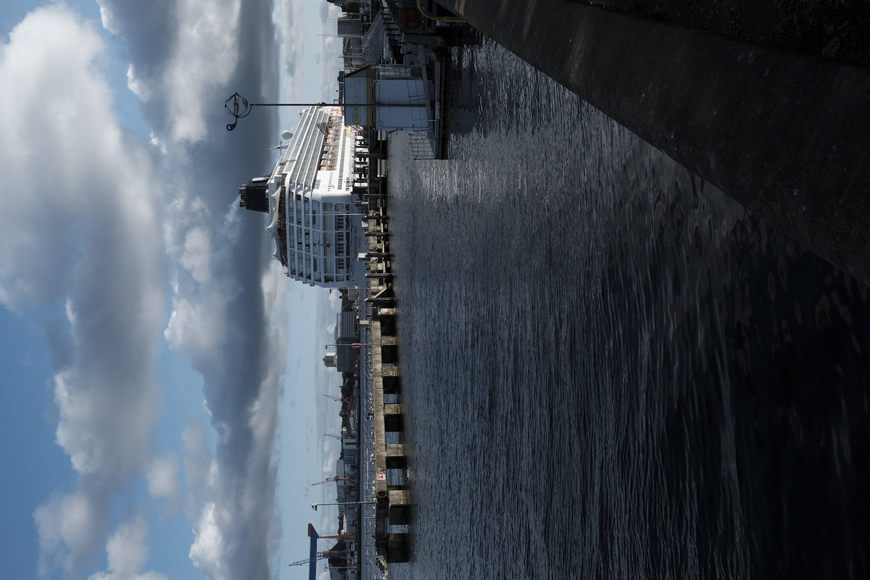 Großes Kreuzfahrtschiff liegt an Pier in Hafenstadt, bewölkter Himmel, Wasser im Vordergrund.
